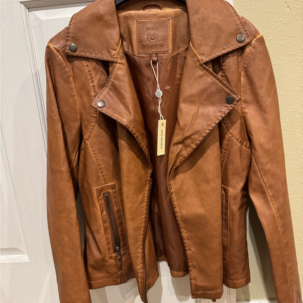 Max Studio Cognac Faux Leather Moto Jacket